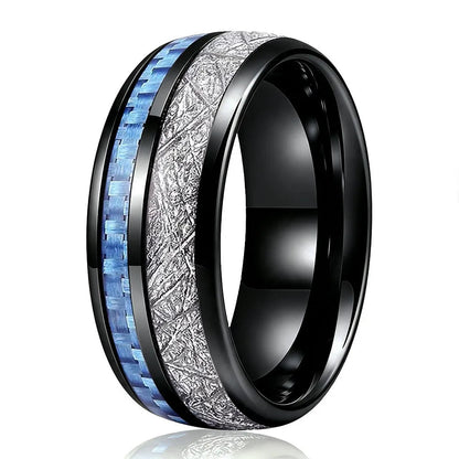 Tungsten Ring with Blue Carbon Fiber and White Meteorite Inlay