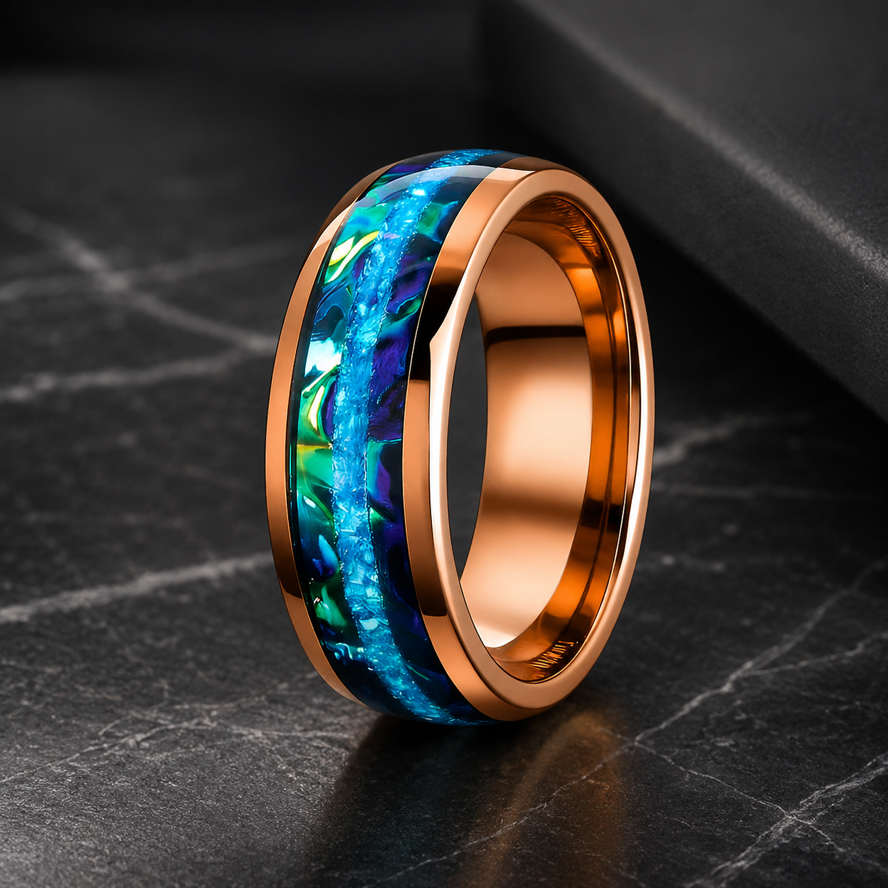 Tungsten Ring with Blue Opal & Dragon Burl Dichrolam Inlay