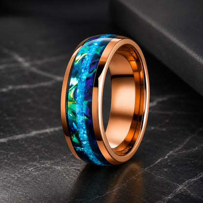 Tungsten Ring with Blue Opal & Dragon Burl Dichrolam Inlay