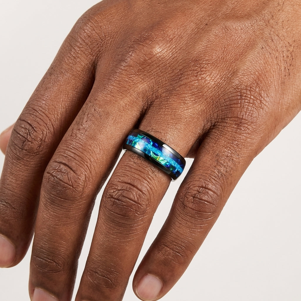8MM Tungsten Ring with Blue Opal & Dragon Burl Inlay