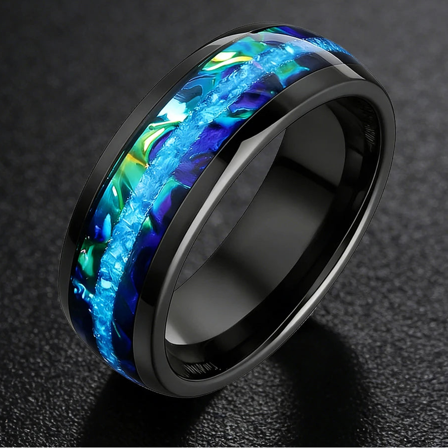 8MM Tungsten Ring with Blue Opal & Dragon Burl Inlay