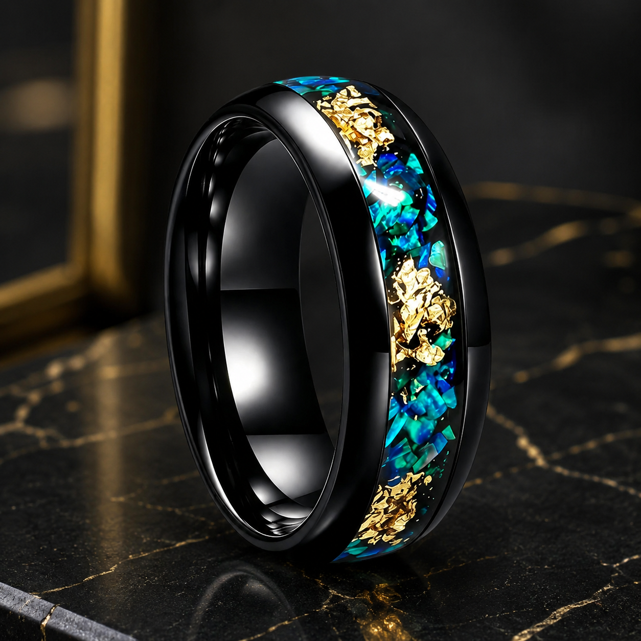 Tungsten Ring with Blue Opal and Gold Foil Inlay