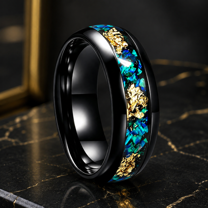 Tungsten Ring with Blue Opal and Gold Foil Inlay