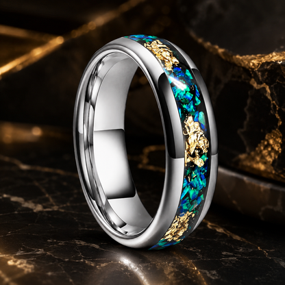 Tungsten Ring with Blue Opal and Gold Foil Inlay