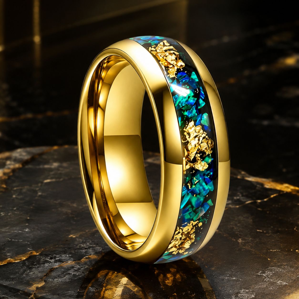 Tungsten Ring with Blue Opal and Gold Foil Inlay