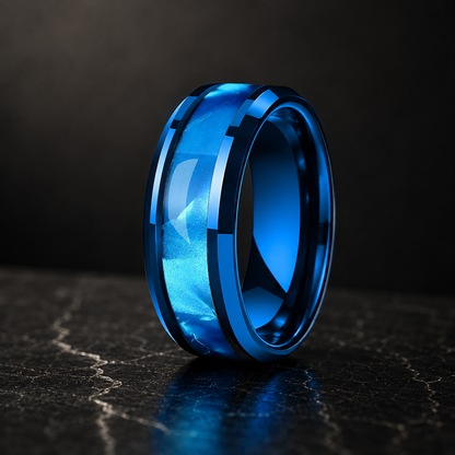 Tungsten Ring with Blue Shell Texture Inlay