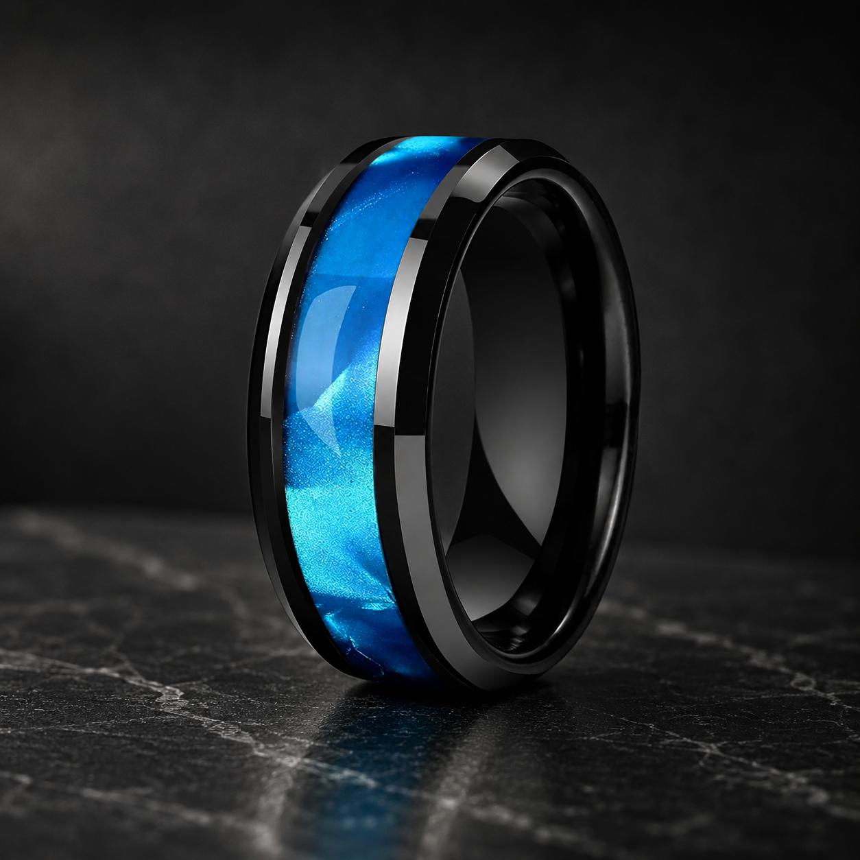 Tungsten Ring with Blue Shell Texture Inlay