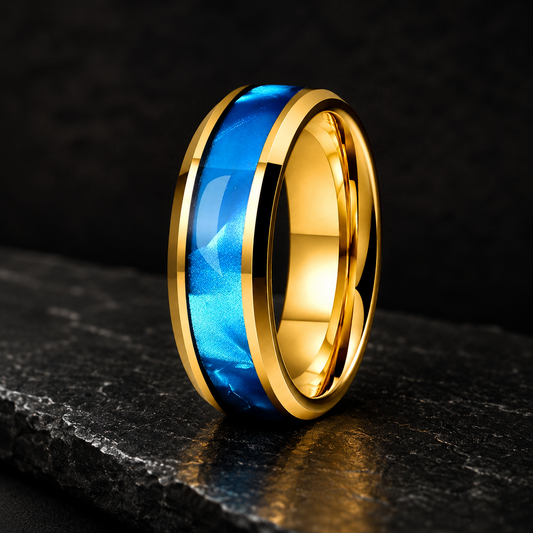 Tungsten Ring with Blue Shell Texture Inlay