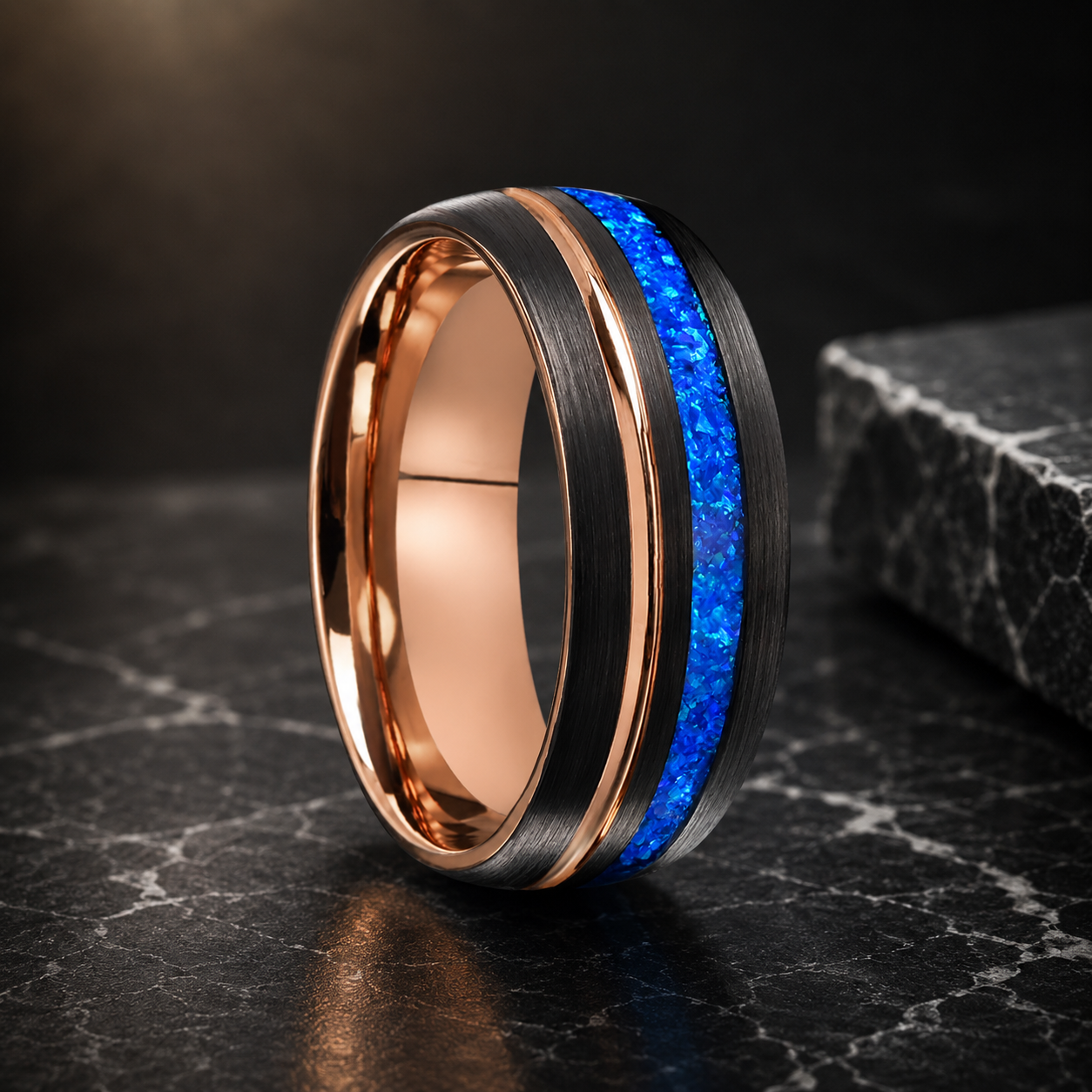 Tungsten Ring with Blue opal Groove inlay