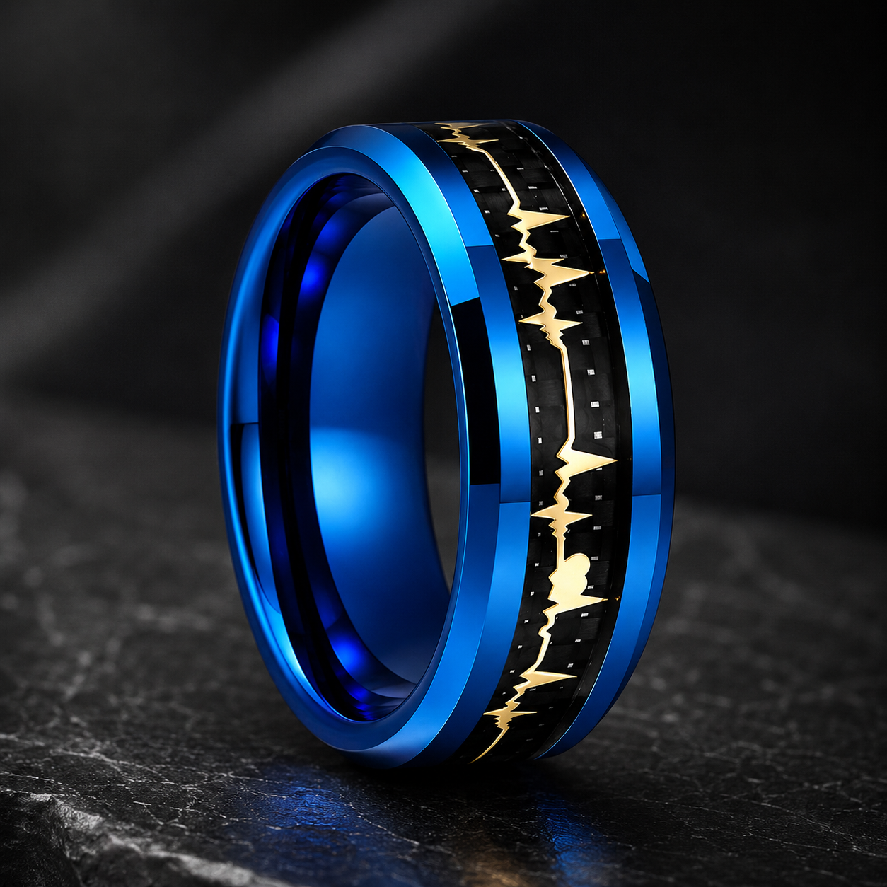 Tungsten Ring with Carbon Fiber & Gold EKG Heartbeat Design