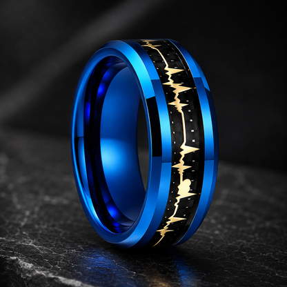 Tungsten Ring with Carbon Fiber & Gold EKG Heartbeat Design