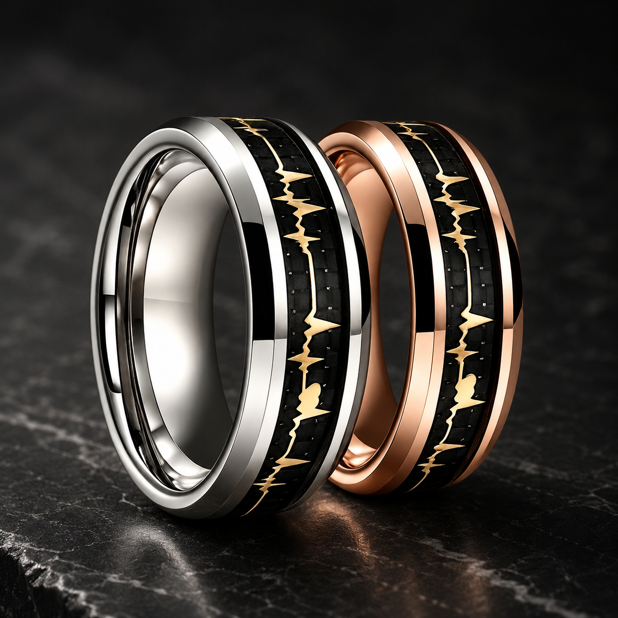 Tungsten Ring with Carbon Fiber & Gold EKG Heartbeat Design