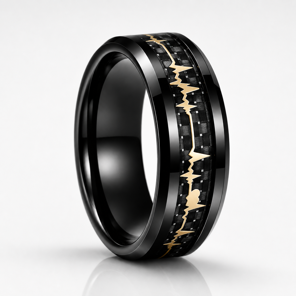 Tungsten Ring with Carbon Fiber & Gold EKG Heartbeat Design