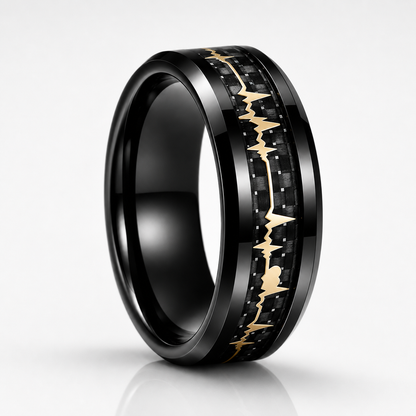 Tungsten Ring with Carbon Fiber & Gold EKG Heartbeat Design