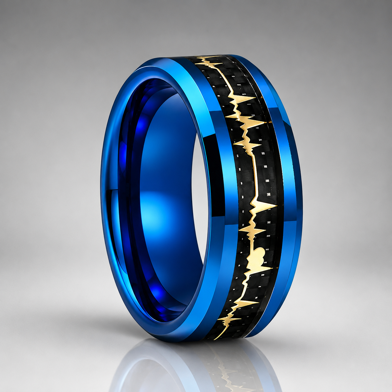Tungsten Ring with Carbon Fiber & Gold EKG Heartbeat Design