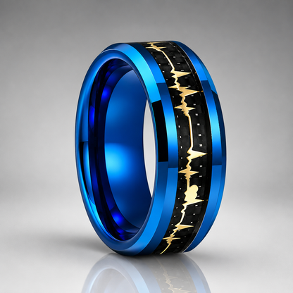 Tungsten Ring with Carbon Fiber & Gold EKG Heartbeat Design