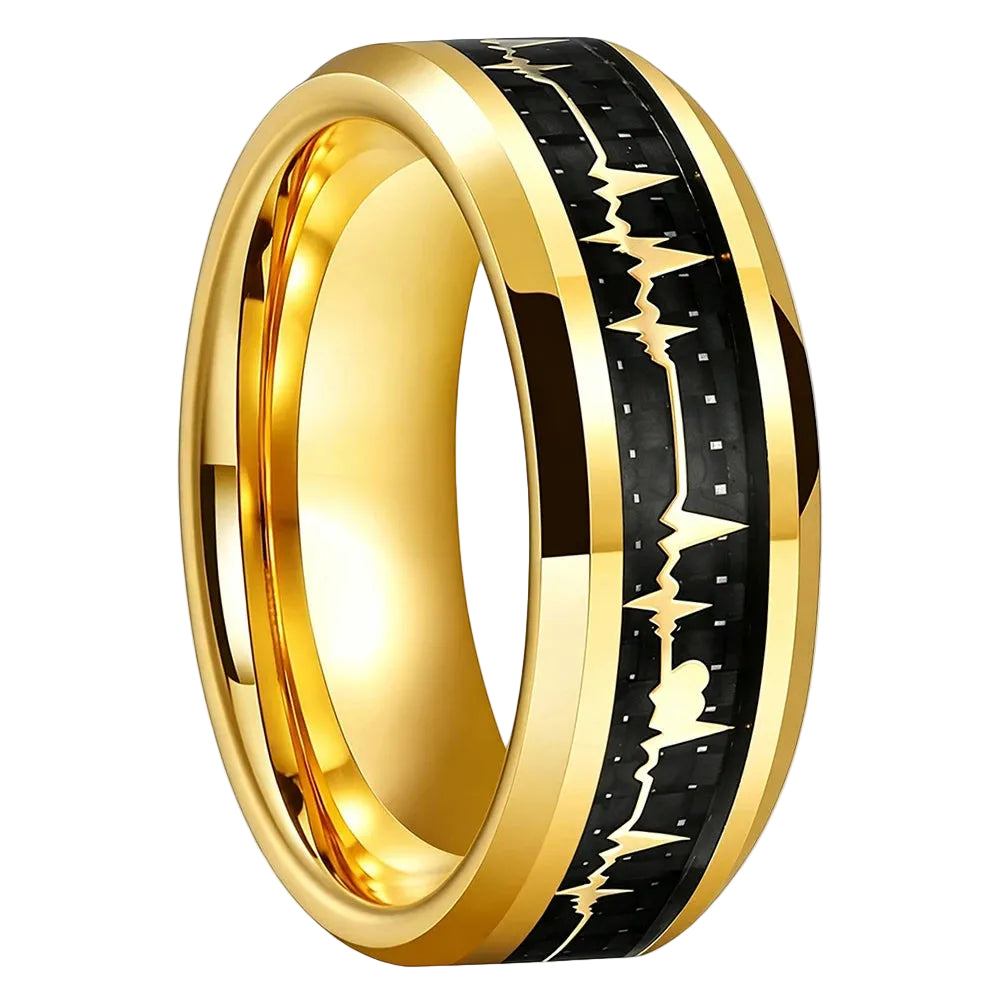 Tungsten Ring with Carbon Fiber & Gold EKG Heartbeat Design