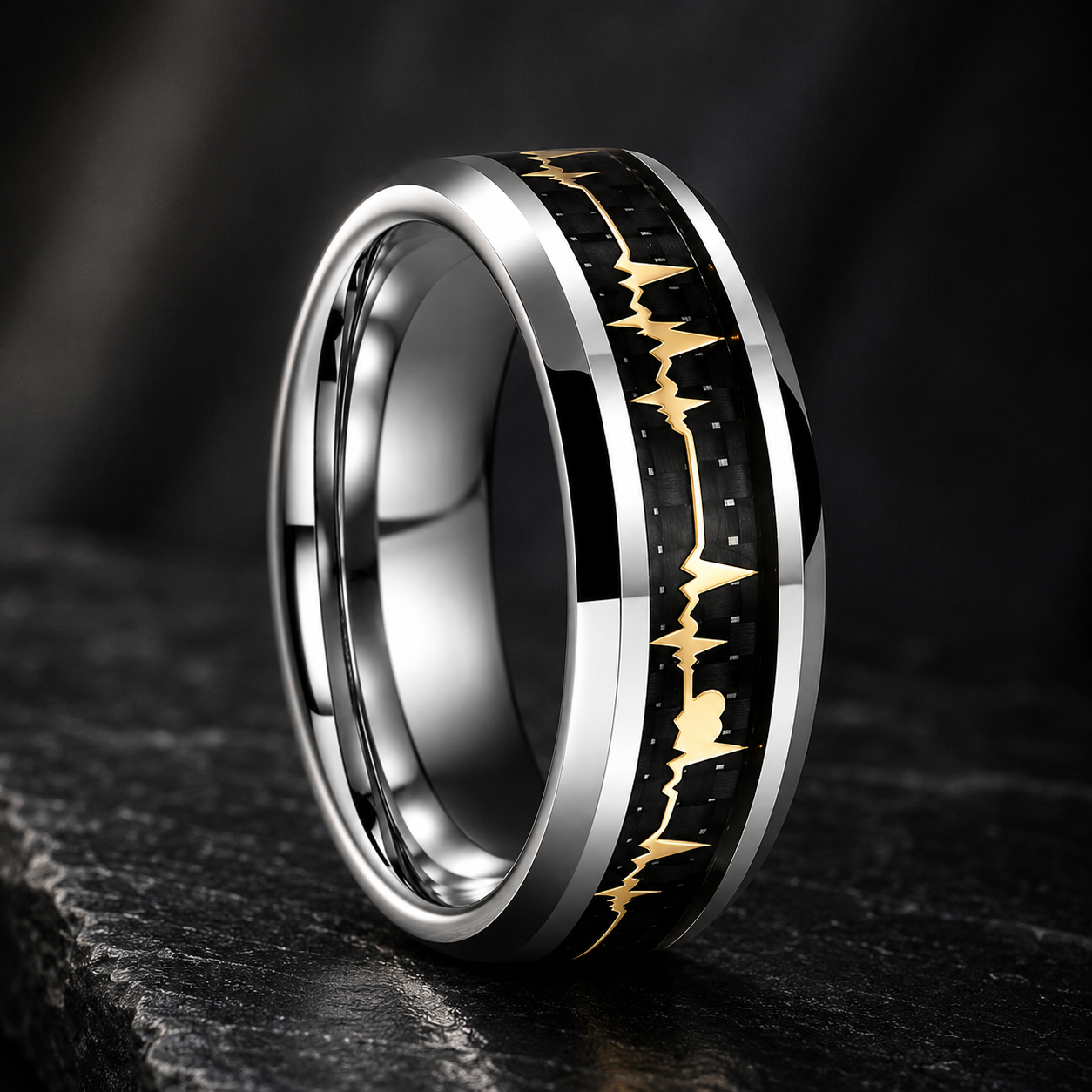 Tungsten Ring with Carbon Fiber & Gold EKG Heartbeat Design