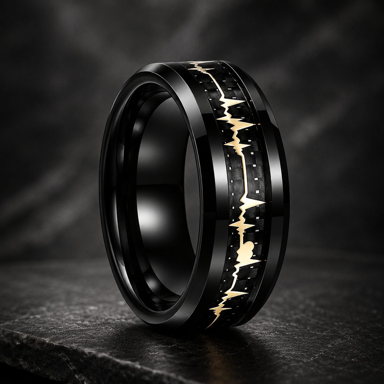 Tungsten Ring with Carbon Fiber & Gold EKG Heartbeat Design