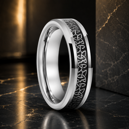 Tungsten Ring with Celtic Knot and Black Carbon Fiber Inlay