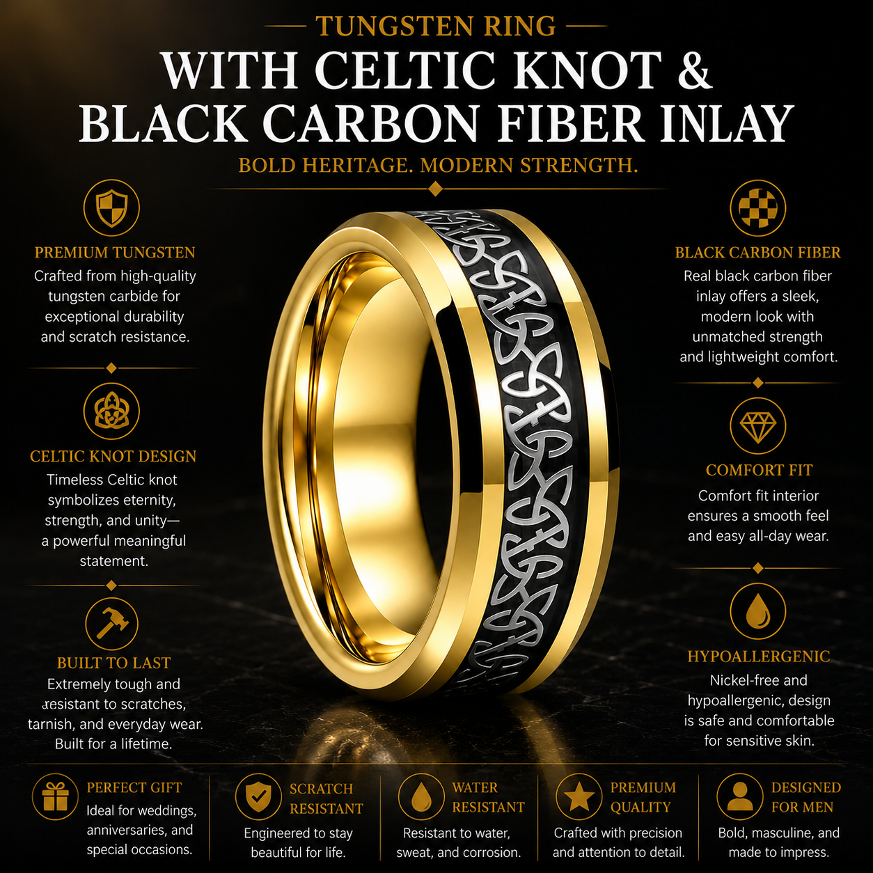 Tungsten Ring with Celtic Knot and Black Carbon Fiber Inlay