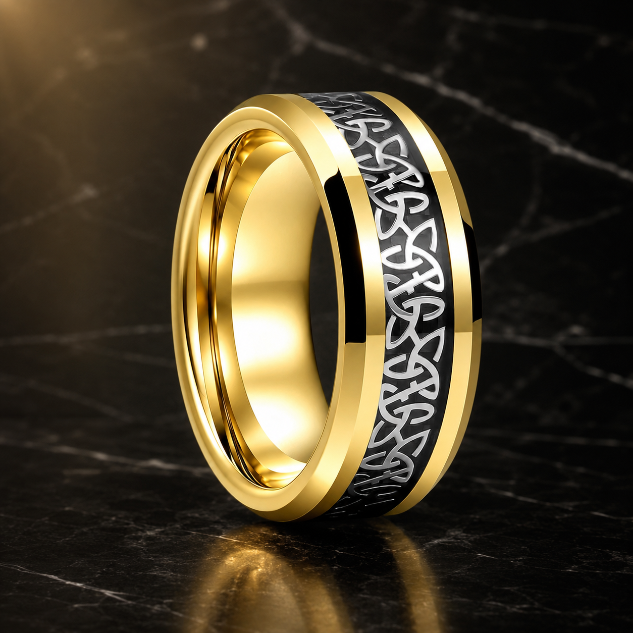 Tungsten Ring with Celtic Knot and Black Carbon Fiber Inlay