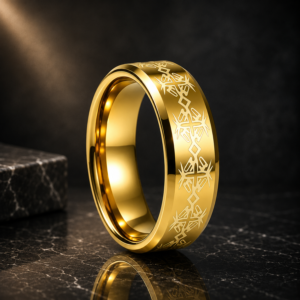 Tungsten Ring with Cross Totem Laser Engraving
