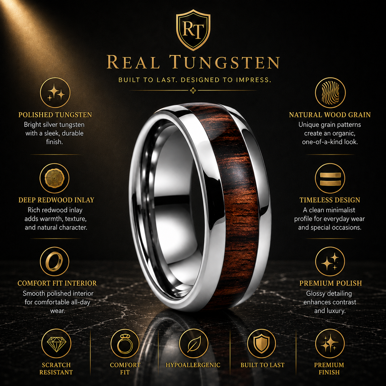 Tungsten Ring with Deep Redwood Inlay