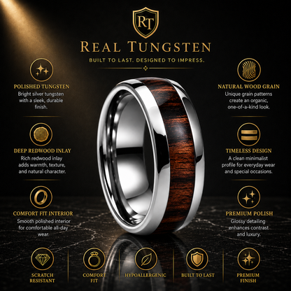 Tungsten Ring with Deep Redwood Inlay