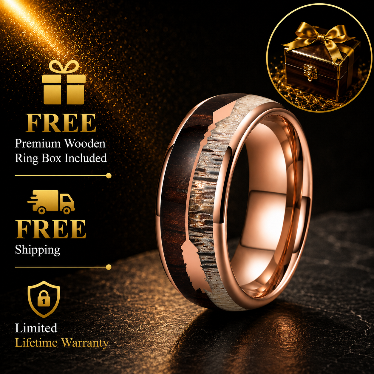 Tungsten Ring with Deer Antler & Koa Wood Arrow Inlay
