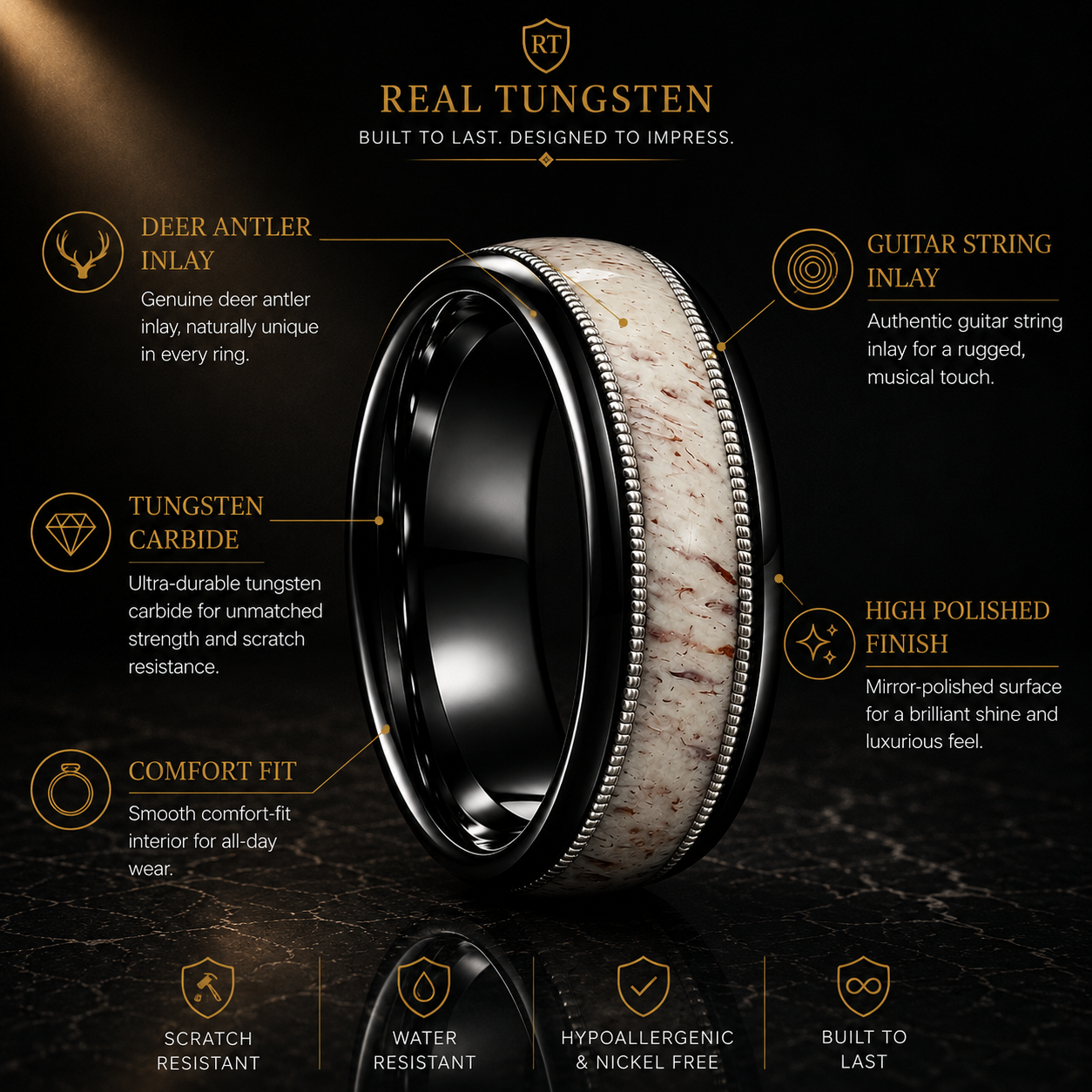 Tungsten Ring with Deer Antler and Guitar String Inlay