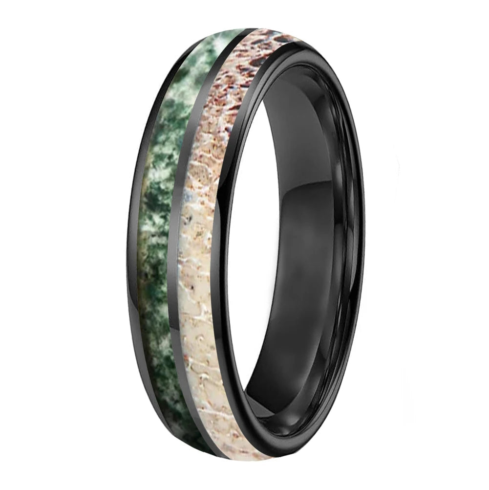 Tungsten Ring with Deer Antler & Moss Agate Inlay