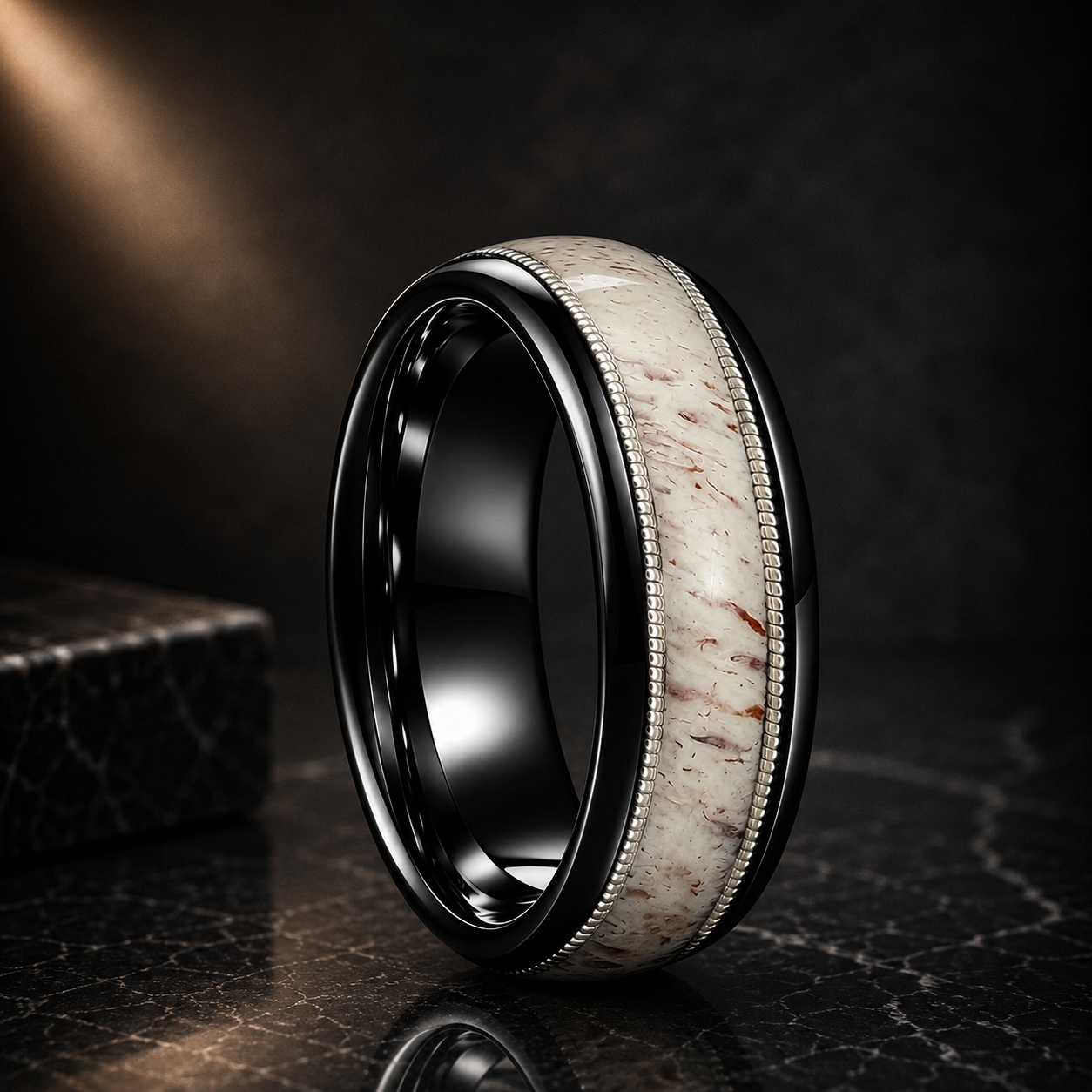 Tungsten Ring with Deer Antler and Guitar String Inlay