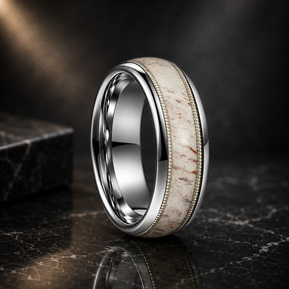Tungsten Ring with Deer Antler and Guitar String Inlay