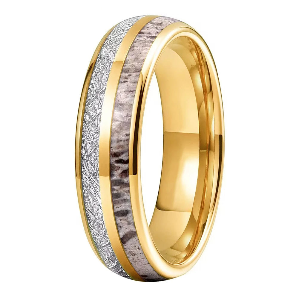 Tungsten Ring with Deer Antler & Meteorite Inlay