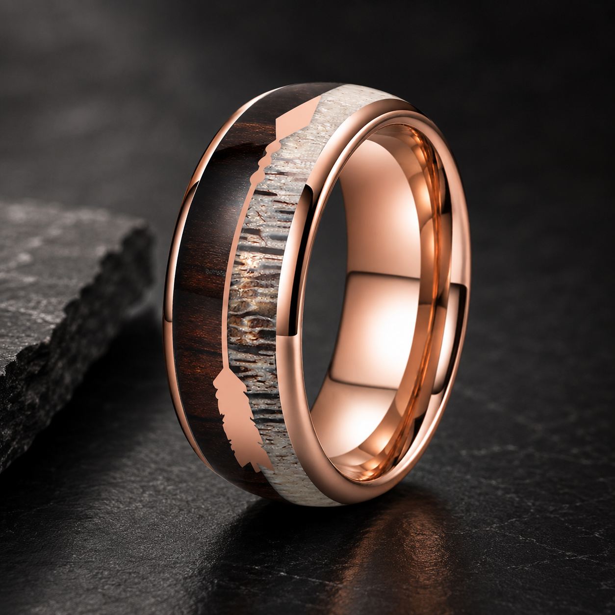 Tungsten Ring with Deer Antler & Koa Wood Arrow Inlay