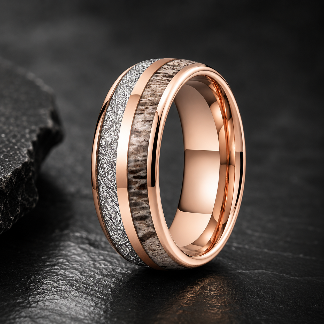 Tungsten Ring with Deer Antler & Meteorite Inlay