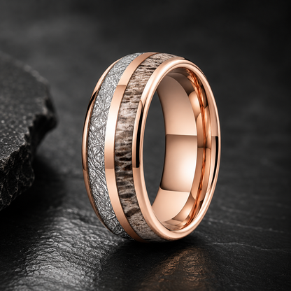 Tungsten Ring with Deer Antler & Meteorite Inlay