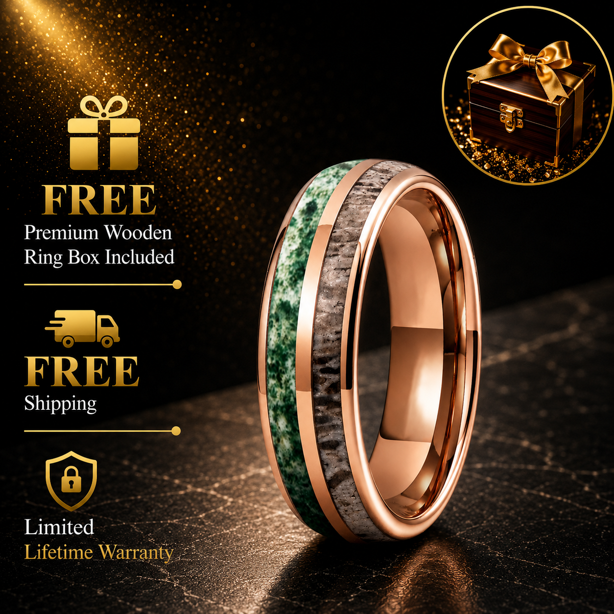 Tungsten Ring with Deer Antler & Moss Agate Inlay