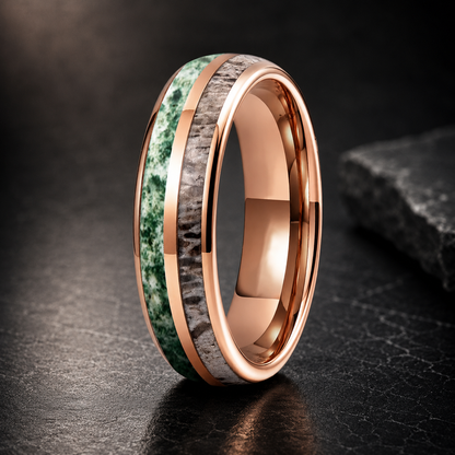 Tungsten Ring with Deer Antler & Moss Agate Inlay
