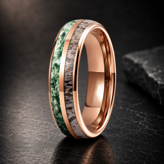 Tungsten Ring with Deer Antler & Moss Agate Inlay