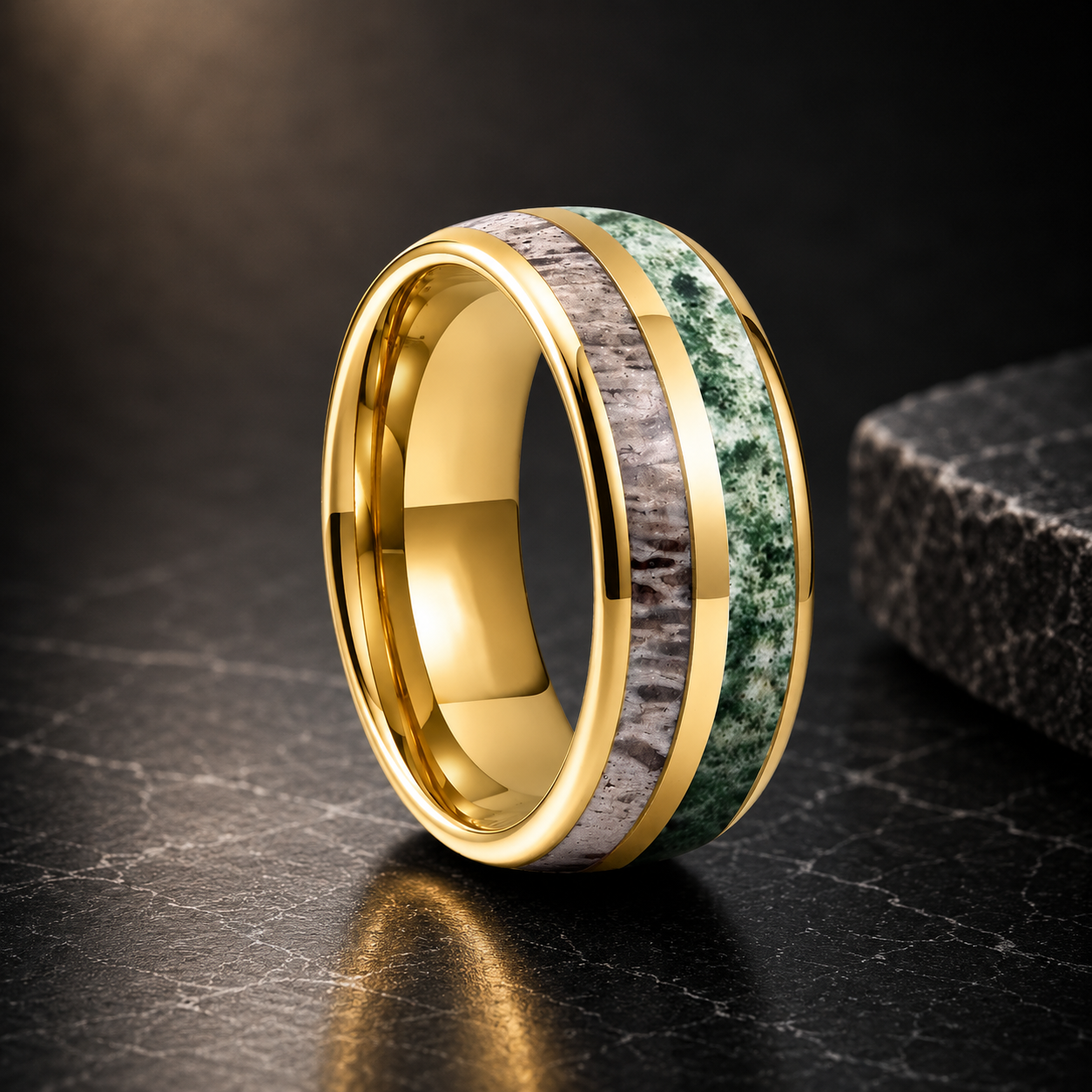 Tungsten Ring with Deer Antler & Moss Agate Inlay