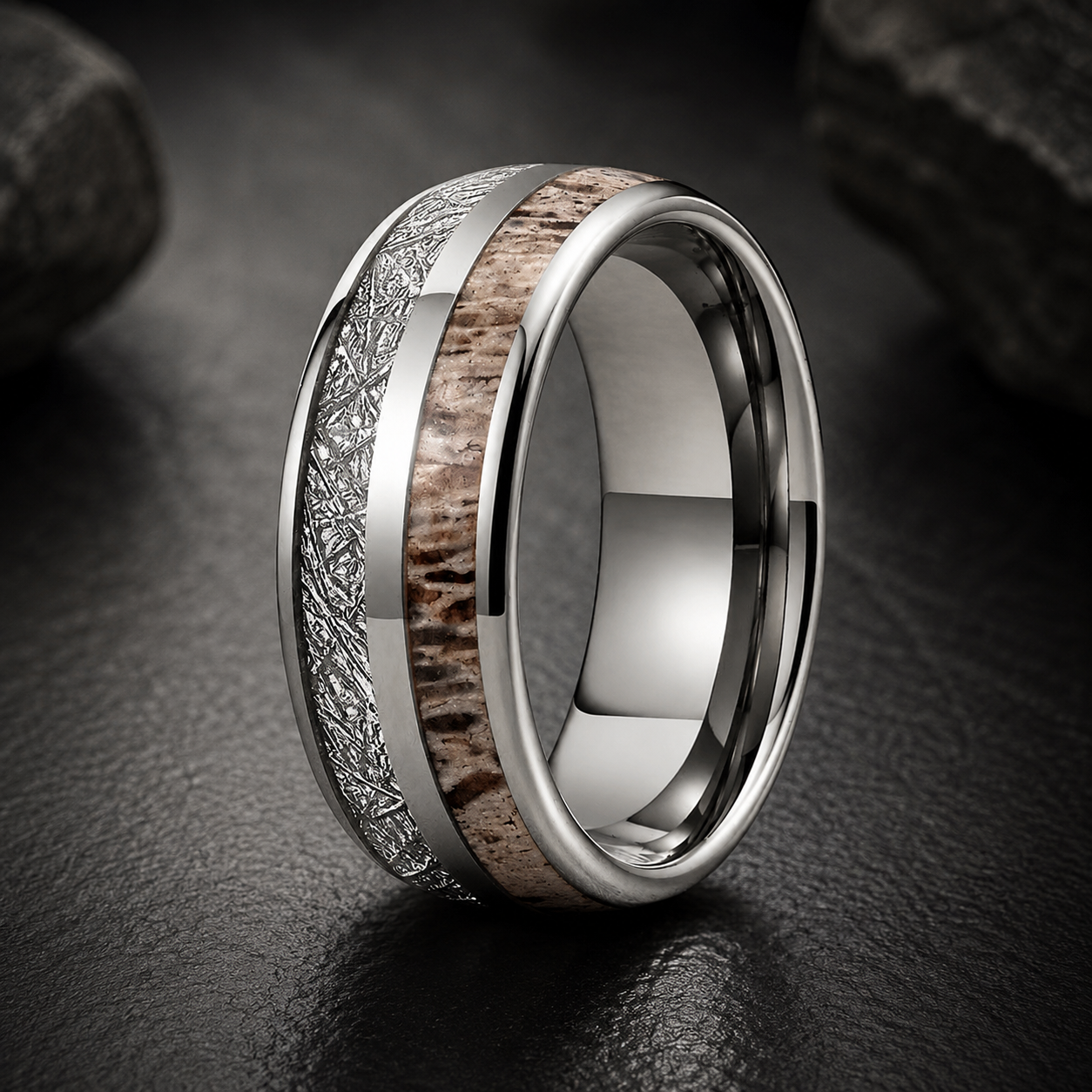 Tungsten Ring with Deer Antler & Meteorite Inlay