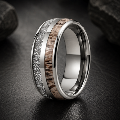 Tungsten Ring with Deer Antler & Meteorite Inlay