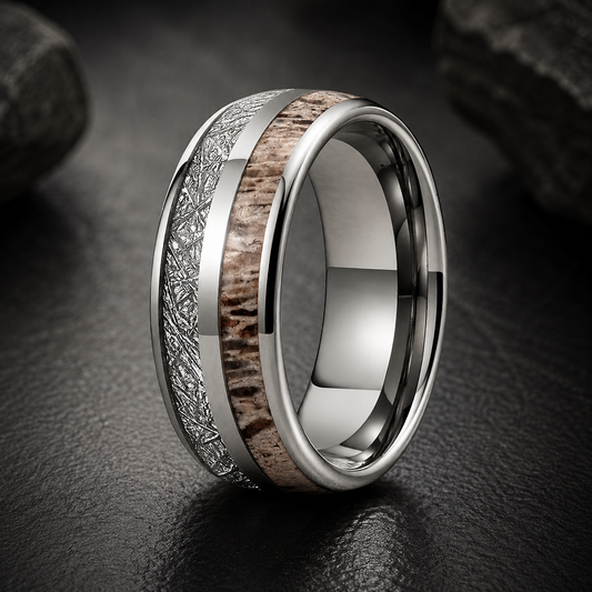 Tungsten Ring with Deer Antler & Meteorite Inlay