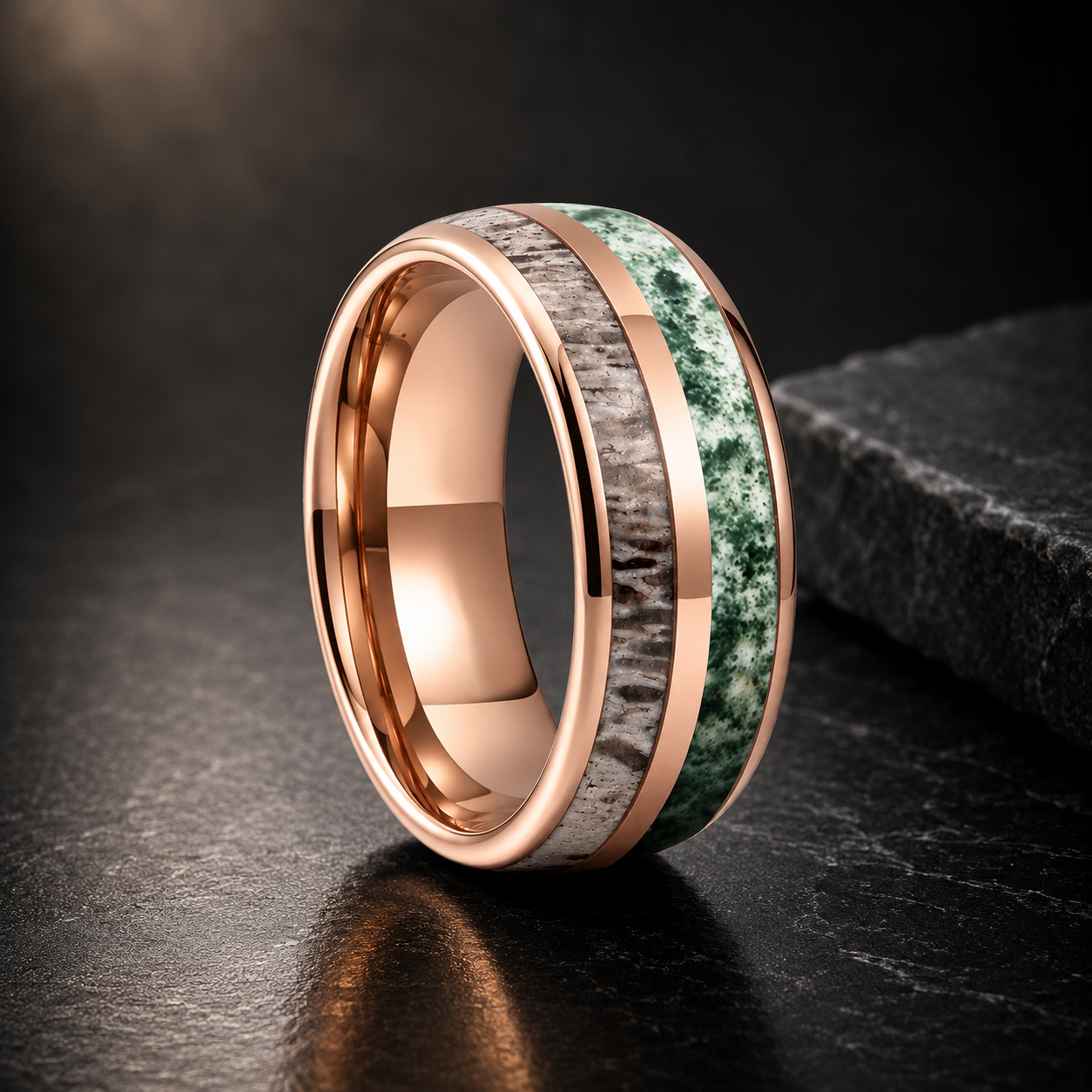 Tungsten Ring with Deer Antler & Moss Agate Inlay