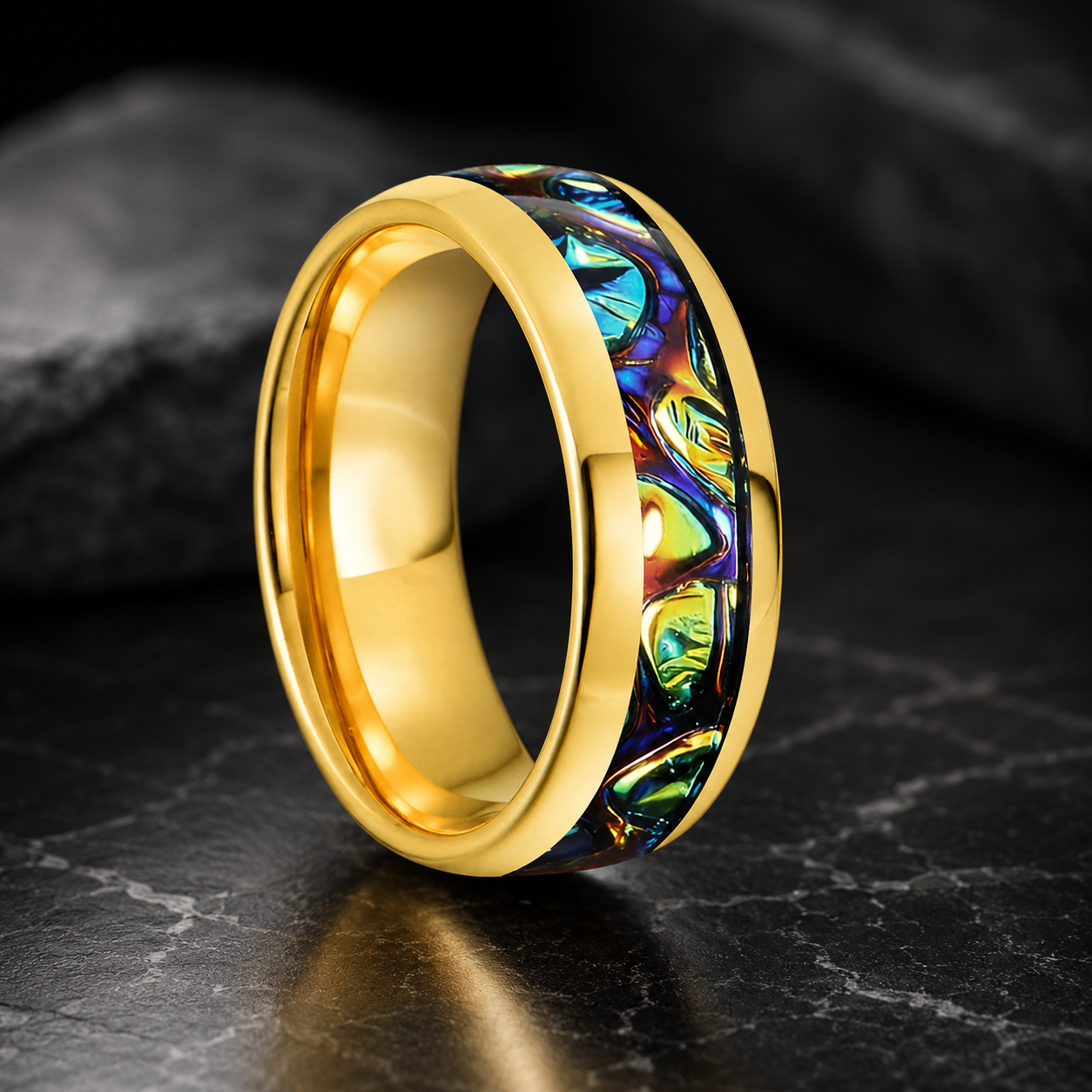 Tungsten Ring with Dragon Burl Dichrolam Inlay
