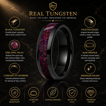 Tungsten Ring with Fire Opal Inlay