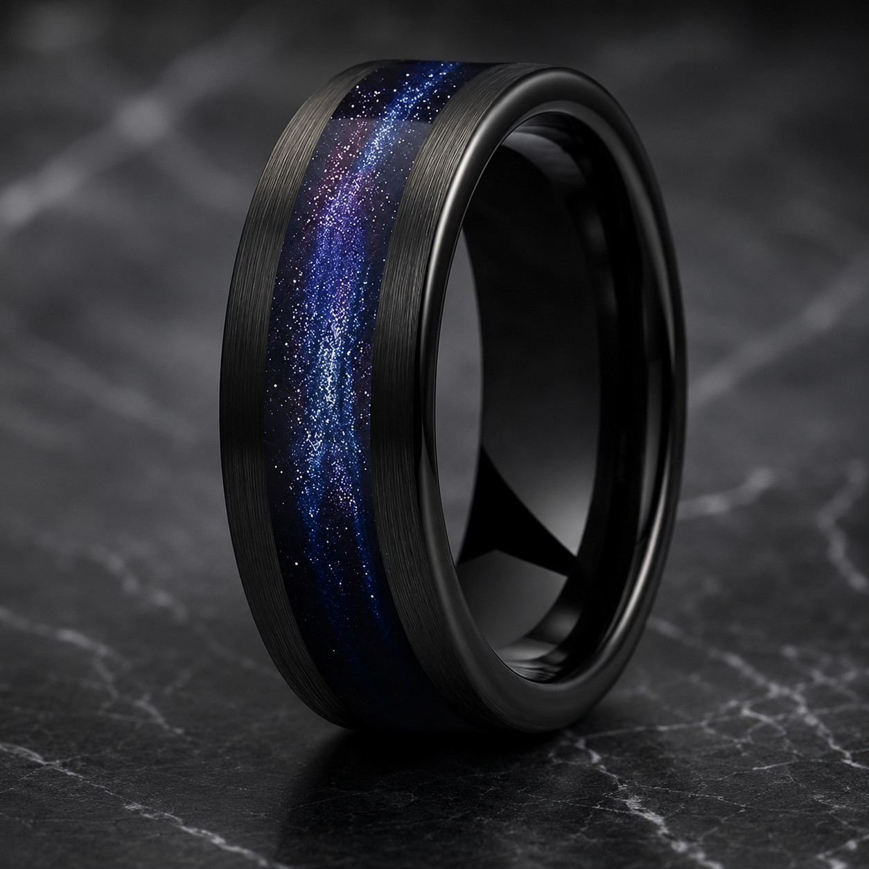 Tungsten Ring with Flowing Sand & Green Grass Agate Inlay