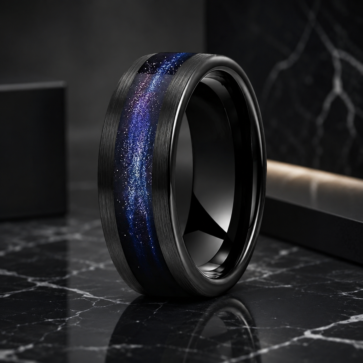 Tungsten Ring with Flowing Sand & Green Grass Agate Inlay